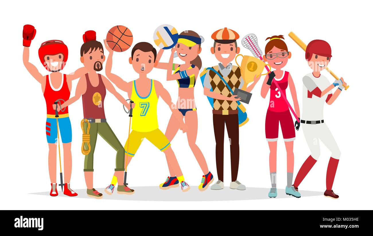 Summer Sports Vector. Set Of Players In Boxing, Hiking, Basketball