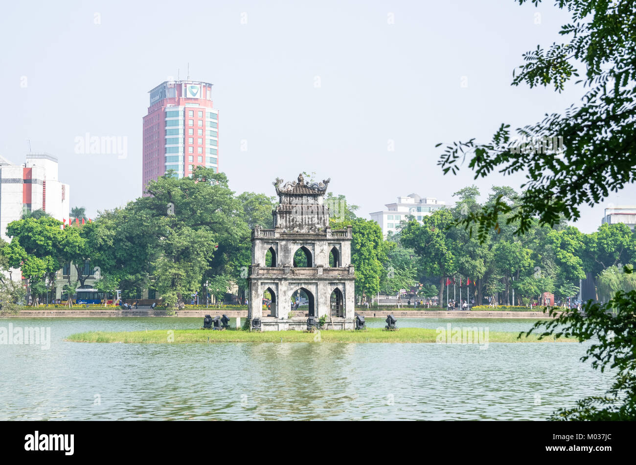 Hanoi,Vietnam - November 2,2017 : Turtle Tower or Tortoise tower which is located in the middle of the Hoan Kiem Lake. Stock Photo