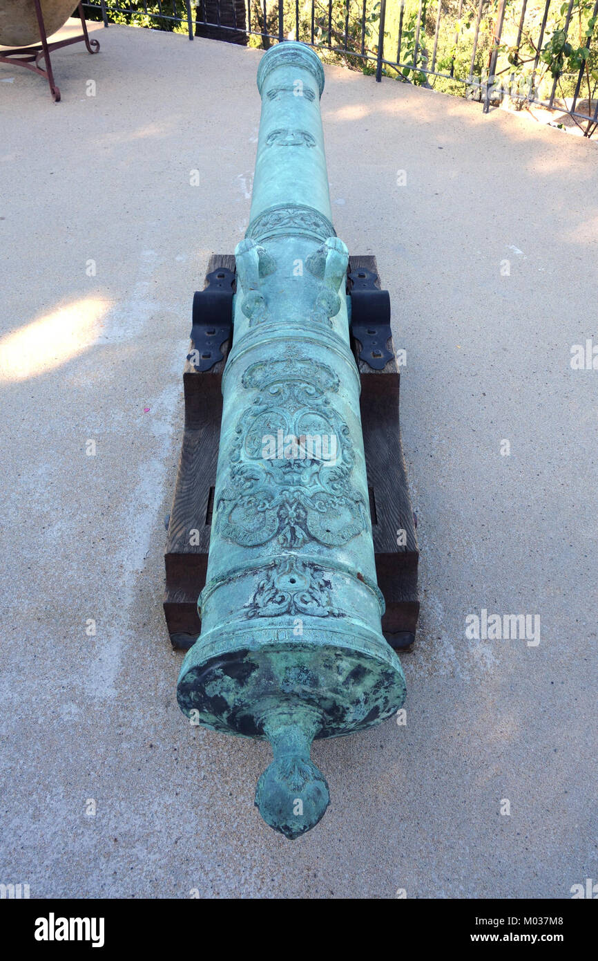 Cannon with arms of Philip V of Spain and Elisabeth Farnese - Hearst Castle - DSC06636 Stock Photo