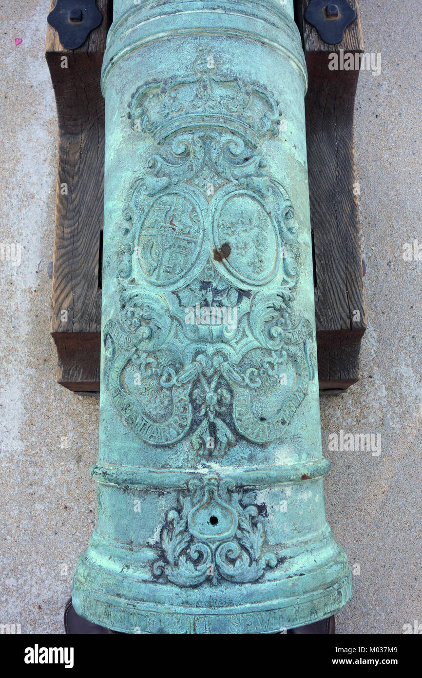 Cannon with arms of Philip V of Spain and Elisabeth Farnese - Hearst Castle - DSC06638 Stock Photo