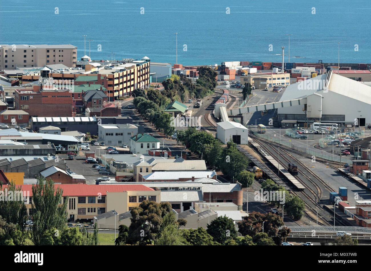 This image captures a view of the Burnie Railyard, a significant railway location in Tasmania, Australia. It highlights the infrastructure and operations within the yard, which is a hub for transportation and logistics in the region. Stock Photo