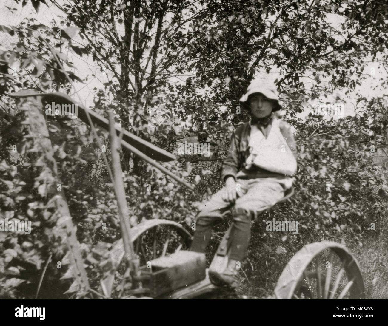 Rural Accident. Twelve-year old Clinton Stewart and his mowing machine which cut off his hand. Stock Photo