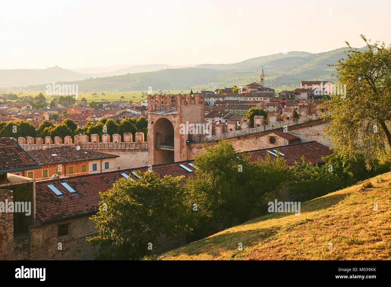 View of beautiful medieval town of Soave, Italy from the castle hill Stock Photo