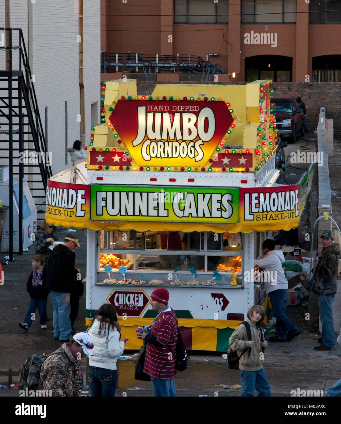 Funnel Cakes are available in many flavors at the Mardi Gras celebration in Mobile, Alabama Stock Photo