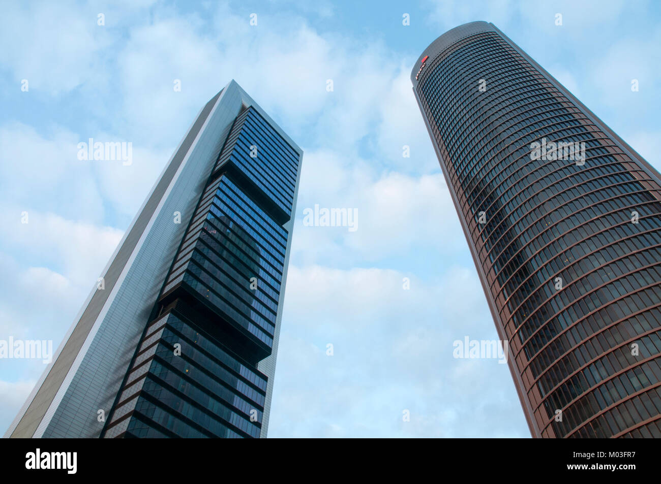 Bankia tower and Sacyr tower, view from below. CTBA, Madrid, Spain. Stock Photo