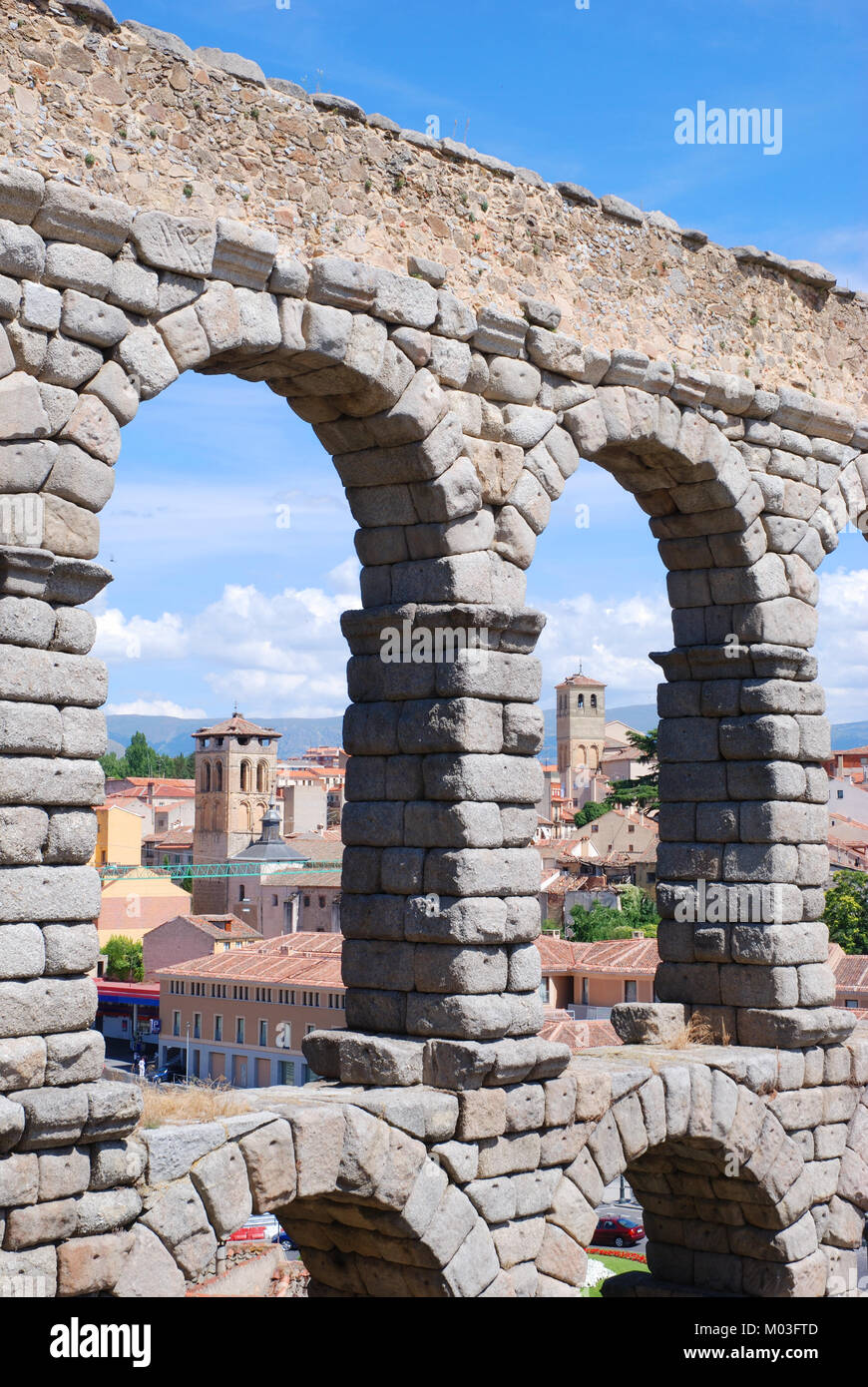 Roman aqueduct, close view. Segovia, Spain. Stock Photo