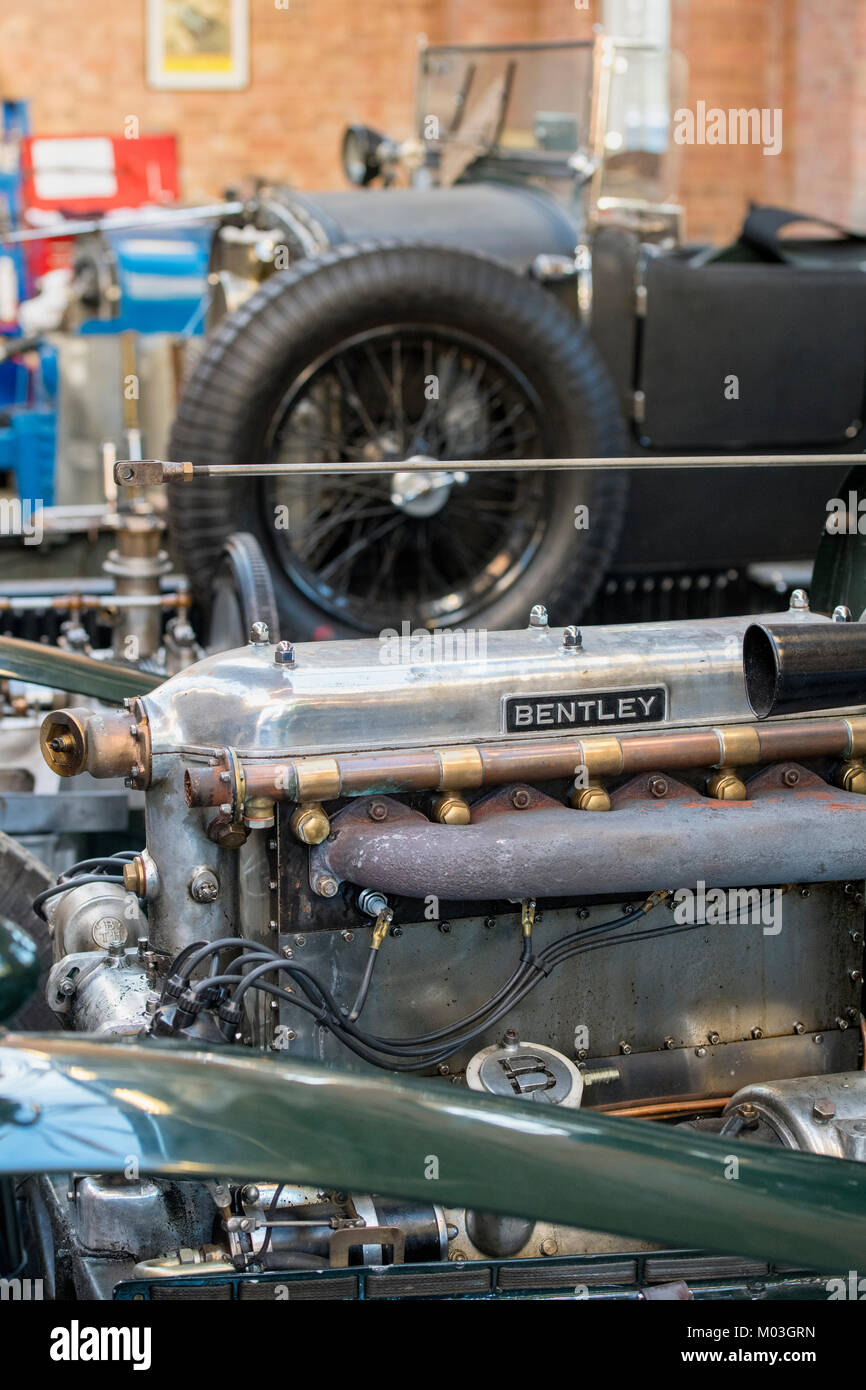 Vintage Bentley engine in a restoration workshop at Bicester Heritage Centre. Oxfordshire, England. Stock Photo
