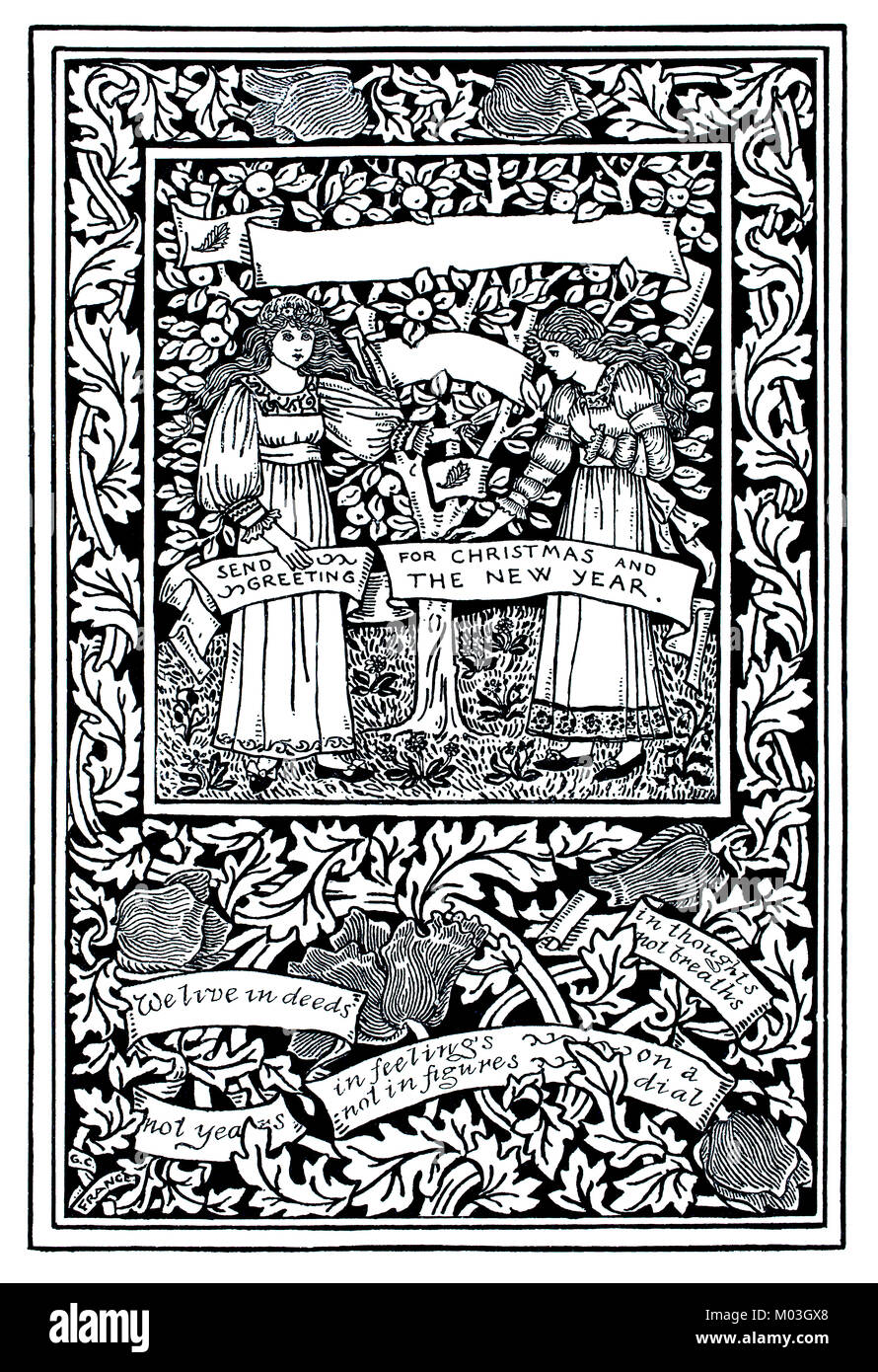 1892 Christmas Card design, by English jewellery and metalwork designer Georgie Cave France (Gaskin), from 1893 The Studio an Illustrated Magazine of  Stock Photo