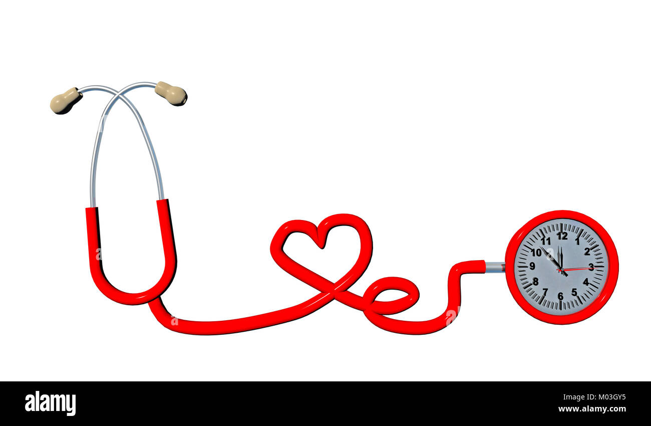 stethoscope  time red , top view, heart isolated in white health - 3d rendering Stock Photo