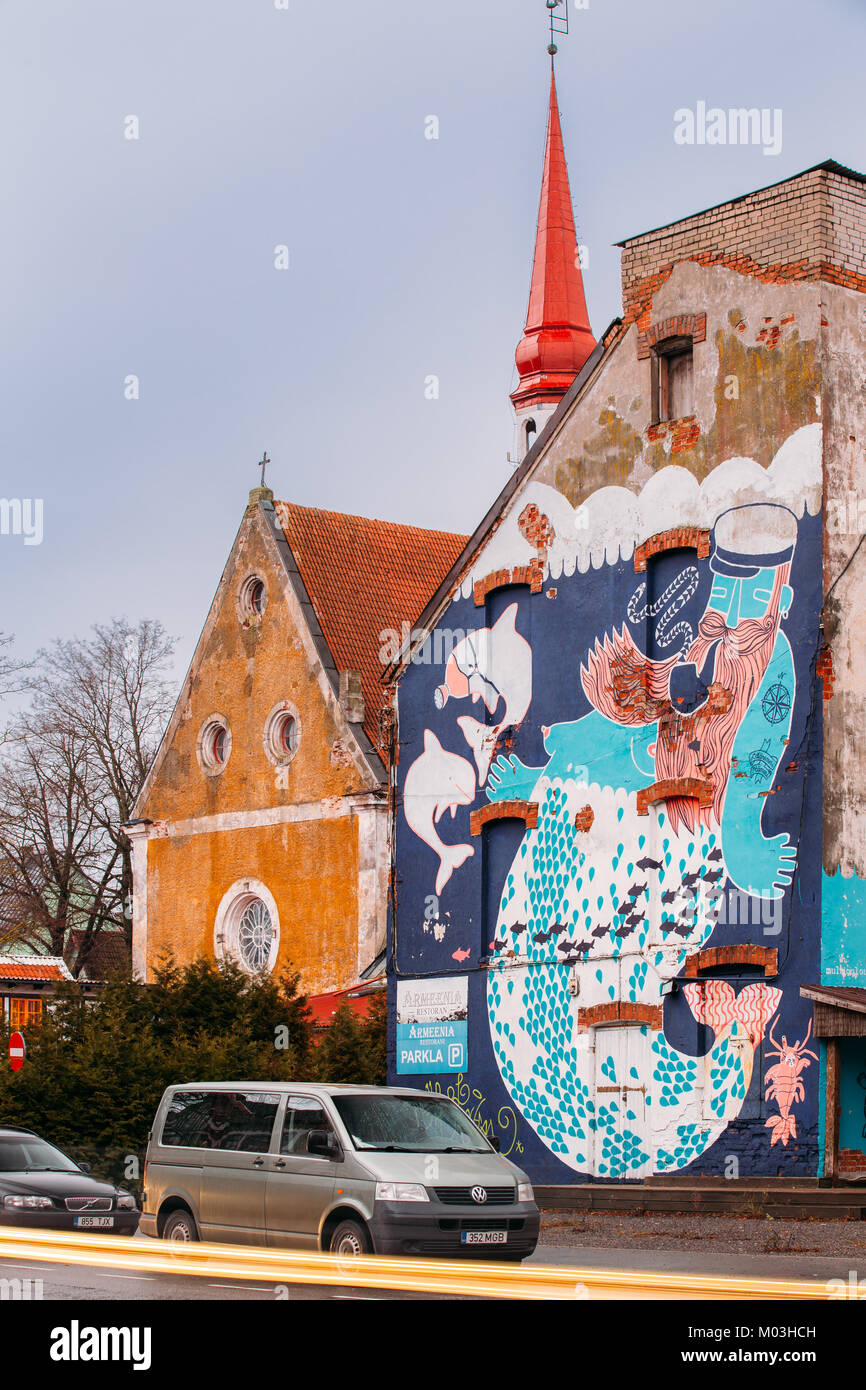 Parnu, Estonia. Graffiti Or Murals On Wall Of Old House. Stock Photo