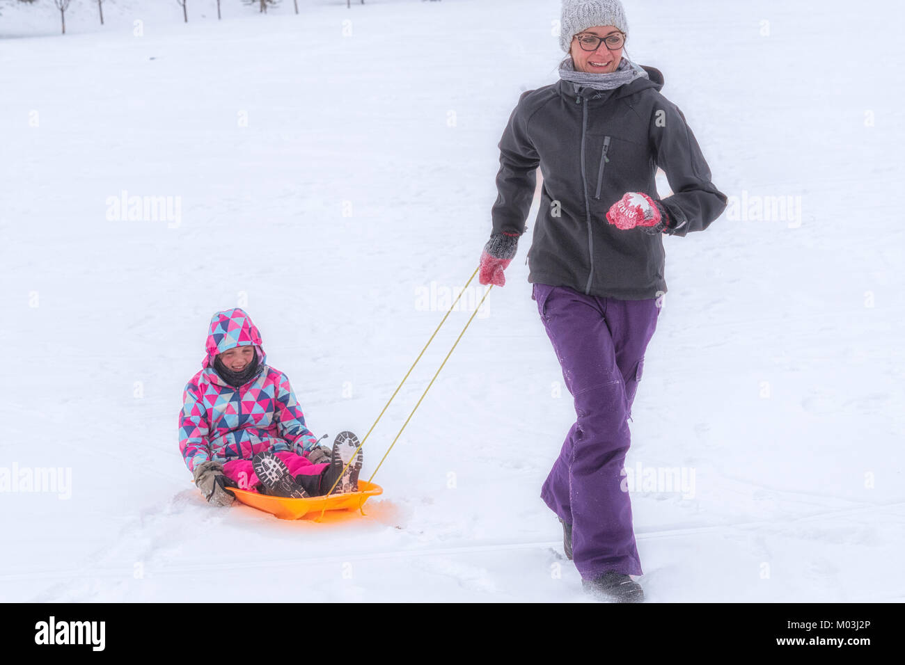 Mother pulling a sled with daughter onboard in winter Stock Photo Alamy