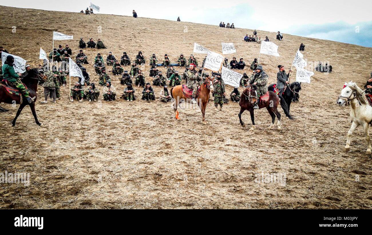 Still image taken from a propaganda video released January 14 2018 showing Taliban fighters on horseback in a training camp in Faryab Province, Afghanistan. Stock Photo