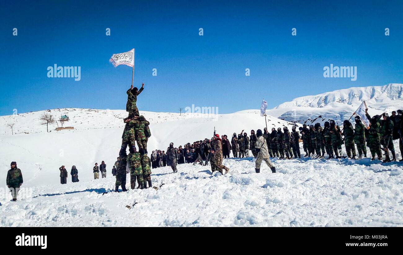 Still image taken from a propaganda video released January 14 2018 showing Taliban fighters in a snow covered mountain training camp in Faryab Province, Afghanistan. Stock Photo