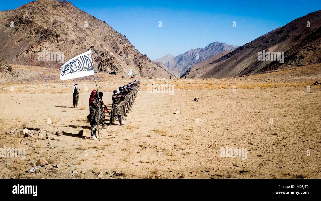 Still image taken from a propaganda video released January 14 2018 showing Taliban fighters in a training camp in Faryab Province, Afghanistan. Stock Photo