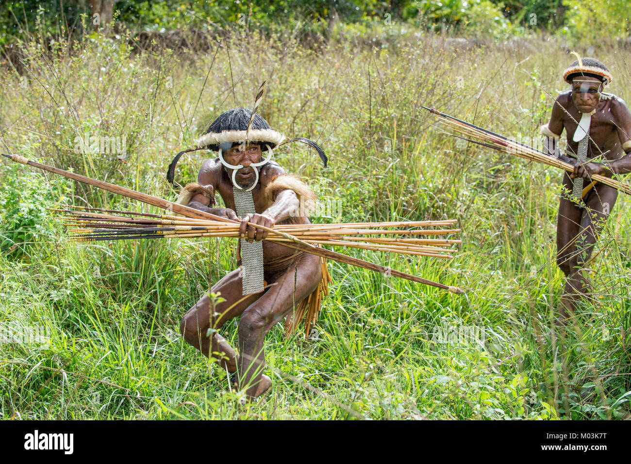 The attack of the armed group of Papuans. Attacking Group Warriors of Dani tribe. Stock Photo