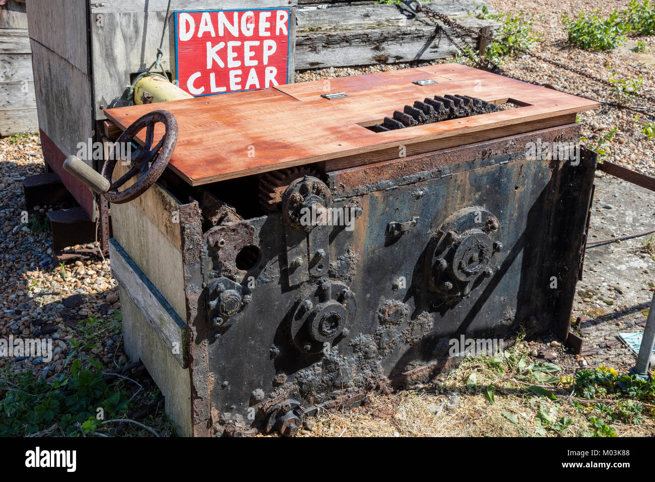 A boat winch on the beach at Deal in Kent used for hauling fishing