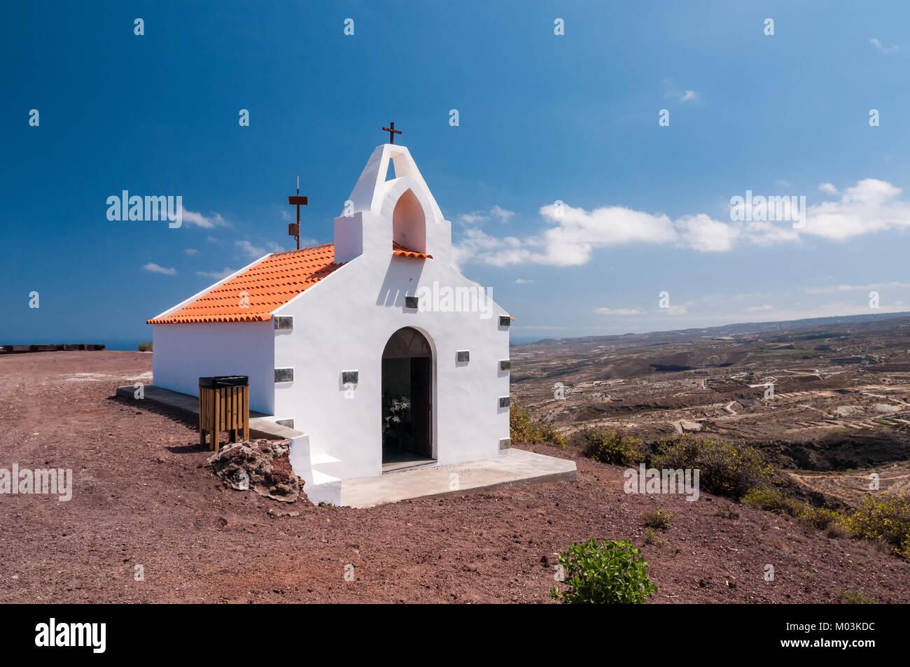Small church Ermita de la Virgen de los Dolores on the slopes of Mount Teide on a sunny Summer day, Tenerife, Canary Islands, Spain Stock Photo