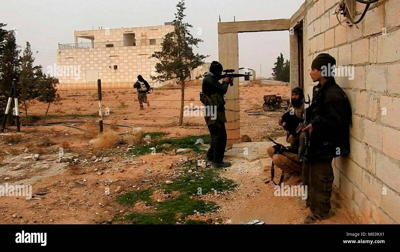 Still image taken from a propaganda video released January 18, 2018 showing Islamic State fighters fighting the Syrian Army near Hama, Syria. Stock Photo