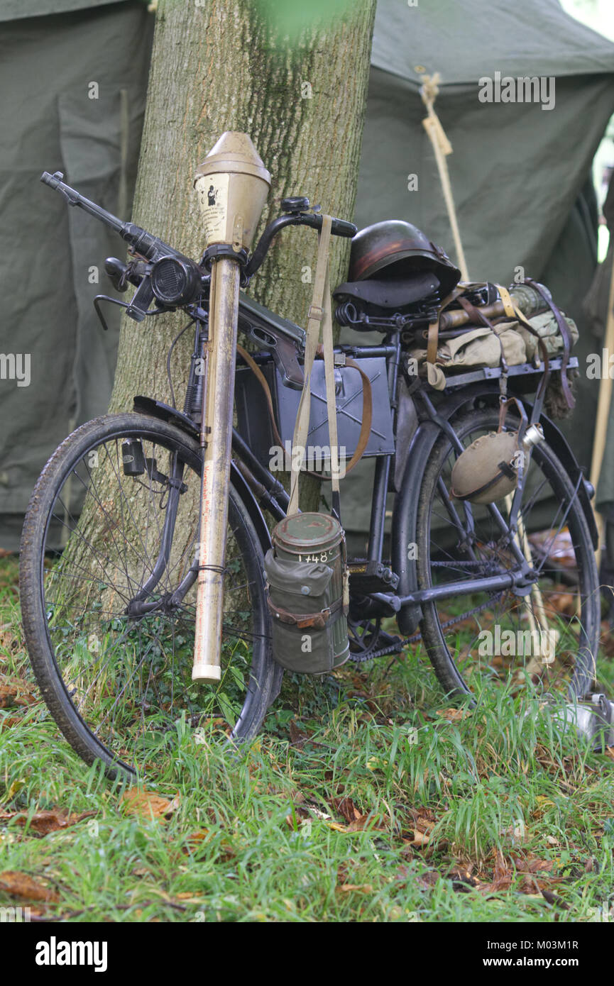German encampment, bicycle equipped with weapons and equipment Stock Photo