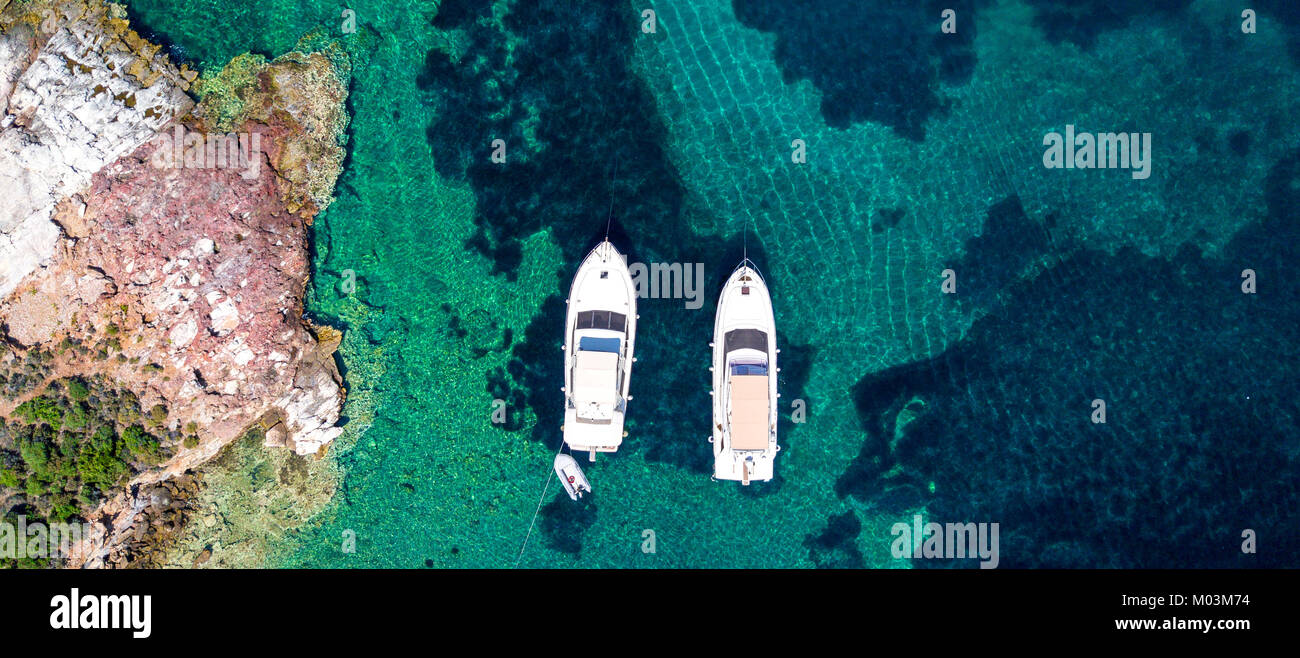 Aerial view of two yachts and clear turquoise sea Stock Photo - Alamy