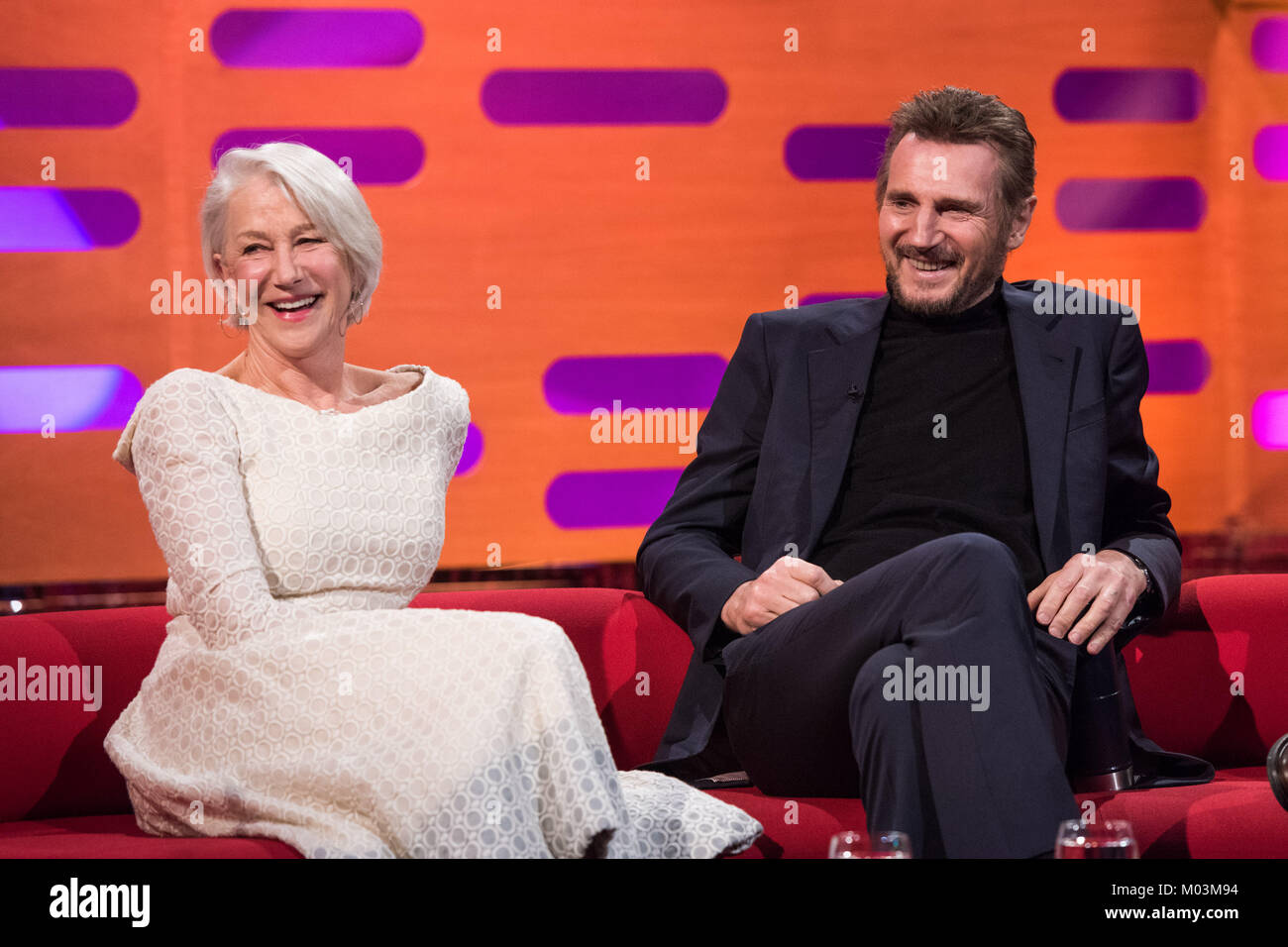 Helen Mirren and Liam Neeson, during the filming of the Graham Norton
