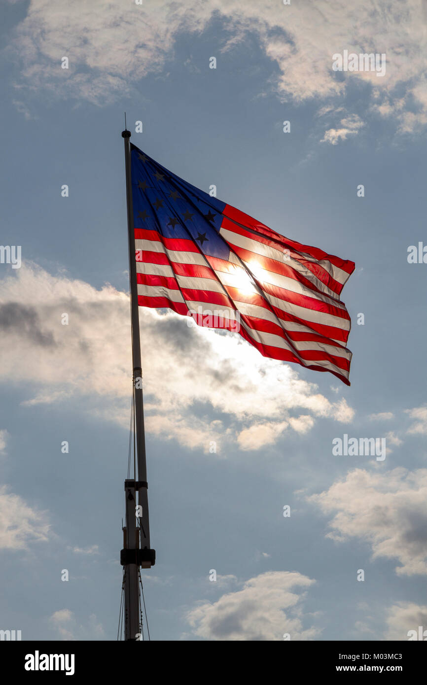 The 15-star, 15-stripe 'Star-Spangled Banner' flying over Fort McHenry, Baltimore, Maryland, United States. Stock Photo