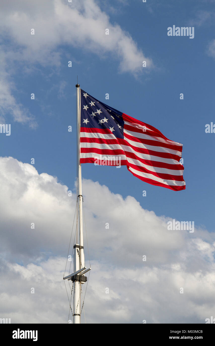 The 15-star, 15-stripe 'Star-Spangled Banner' flying over Fort McHenry, Baltimore, Maryland, United States. Stock Photo