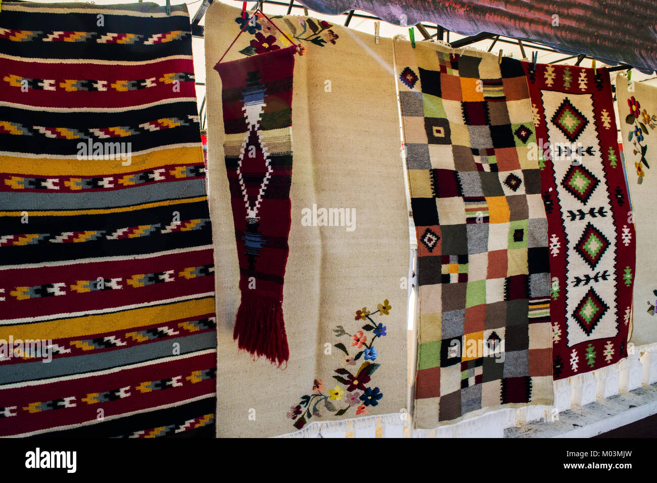 Wool carpets handmade from Bucovina region, Romania Stock Photo