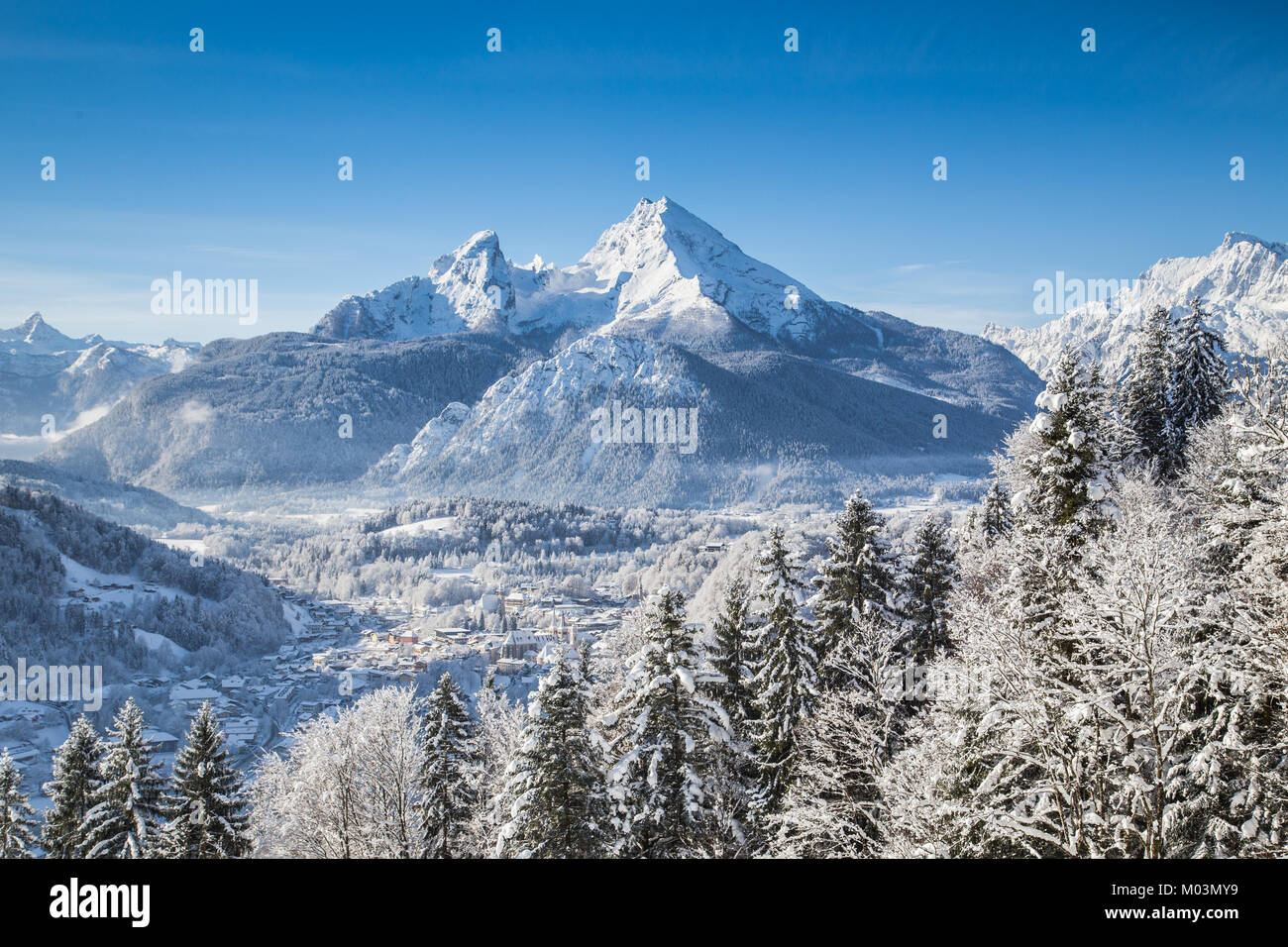 Beautiful mountain landscape in the Bavarian Alps with village of Berchtesgaden and Watzmann mountain in winter, Germany Stock Photo