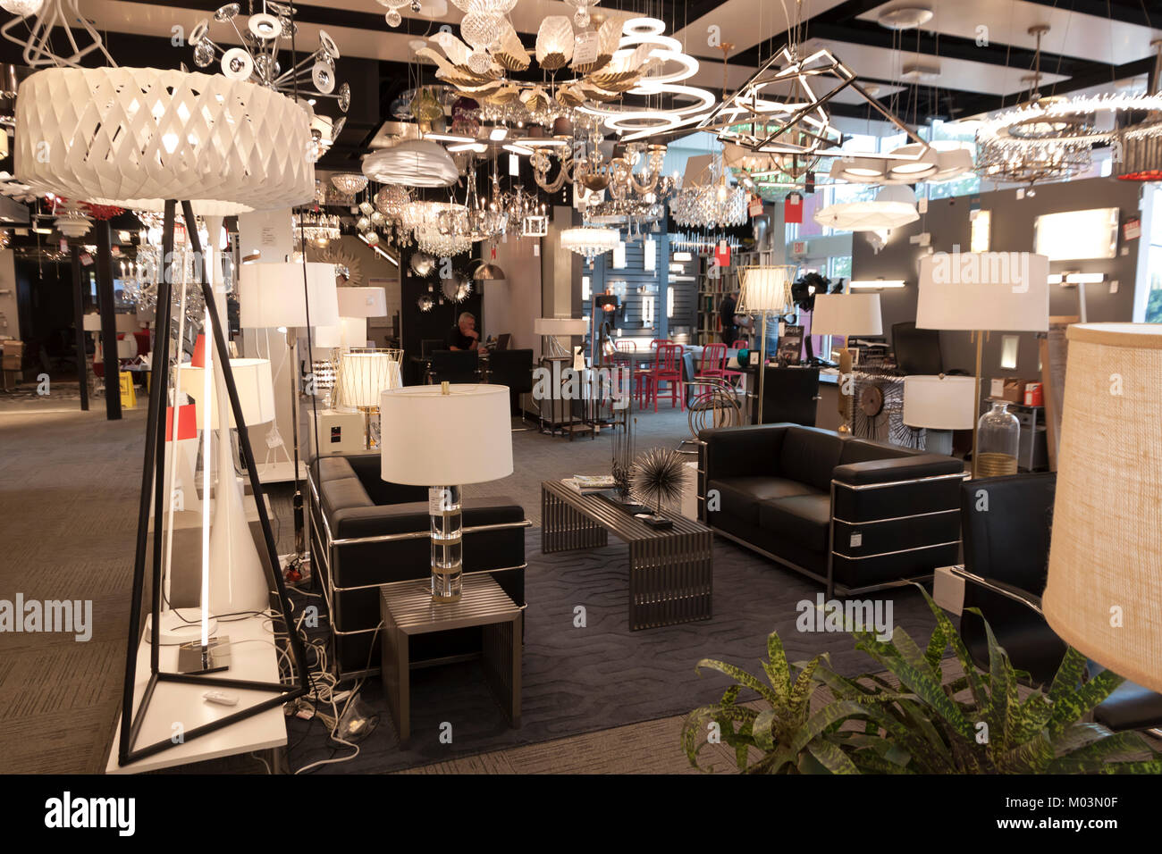 Modern lighting and lamps on display in a retail store interior. Stock Photo