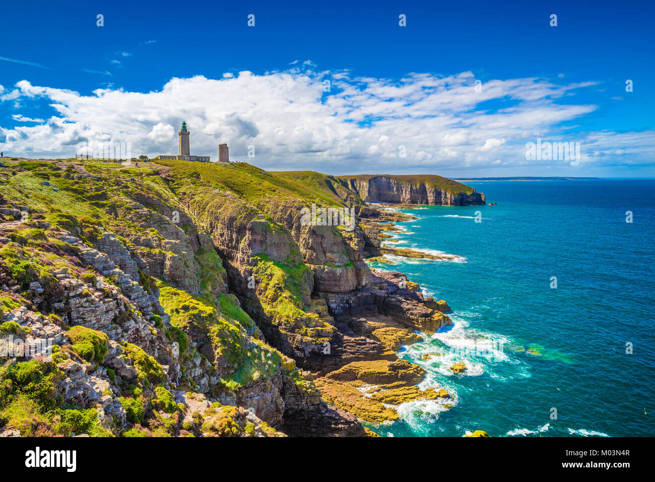 Panoramic view of scenic coastal landscape with traditional lighthouse at famous Cap Frehel peninsula on the Cote d'Emeraude, commune of Plevenon, Cot Stock Photo