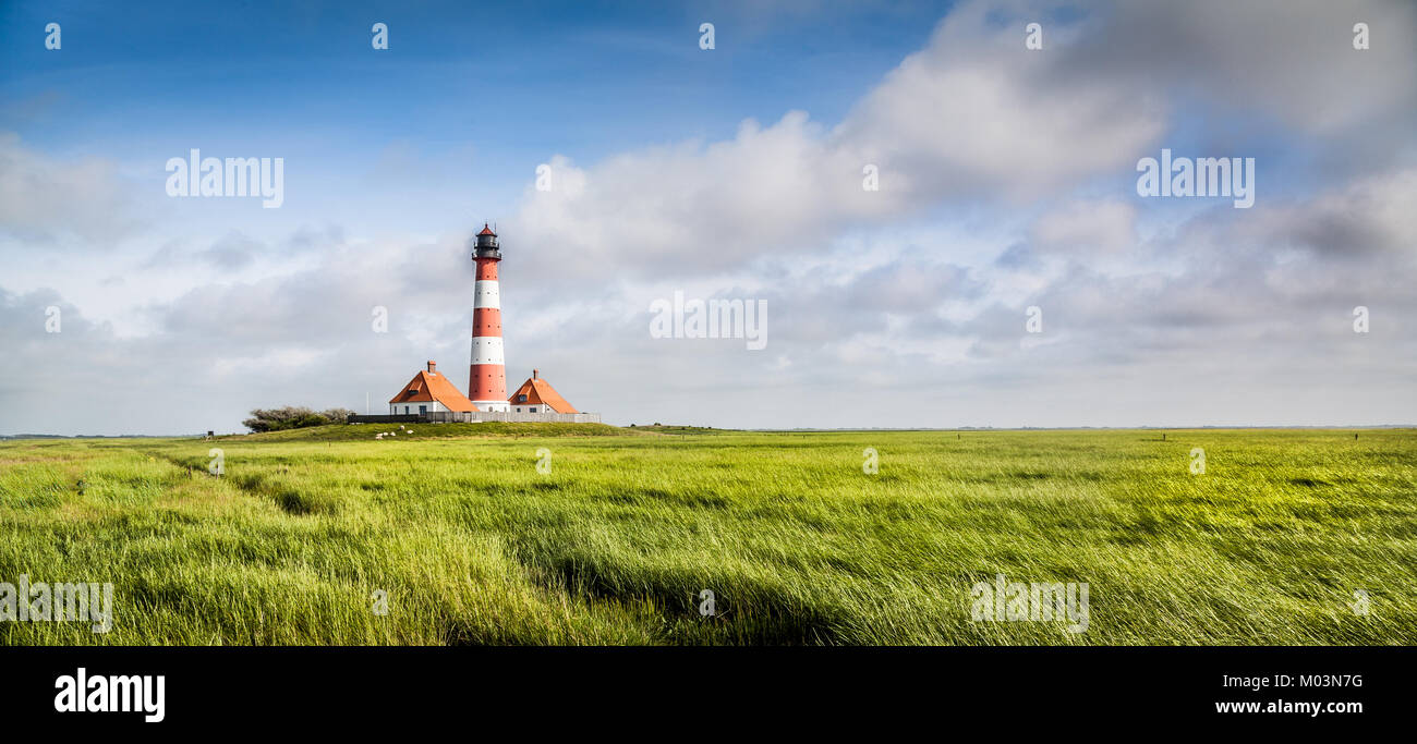 Beautiful landscape with famous Westerheversand lighthouse in the background at North Sea in Nordfriesland, Schleswig-Holstein, Germany Stock Photo