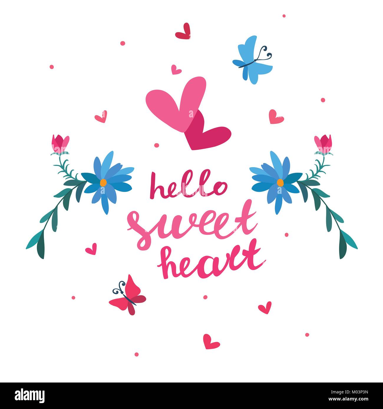 Valentine's day greeting card with hearts, flowers, butterflies and ...