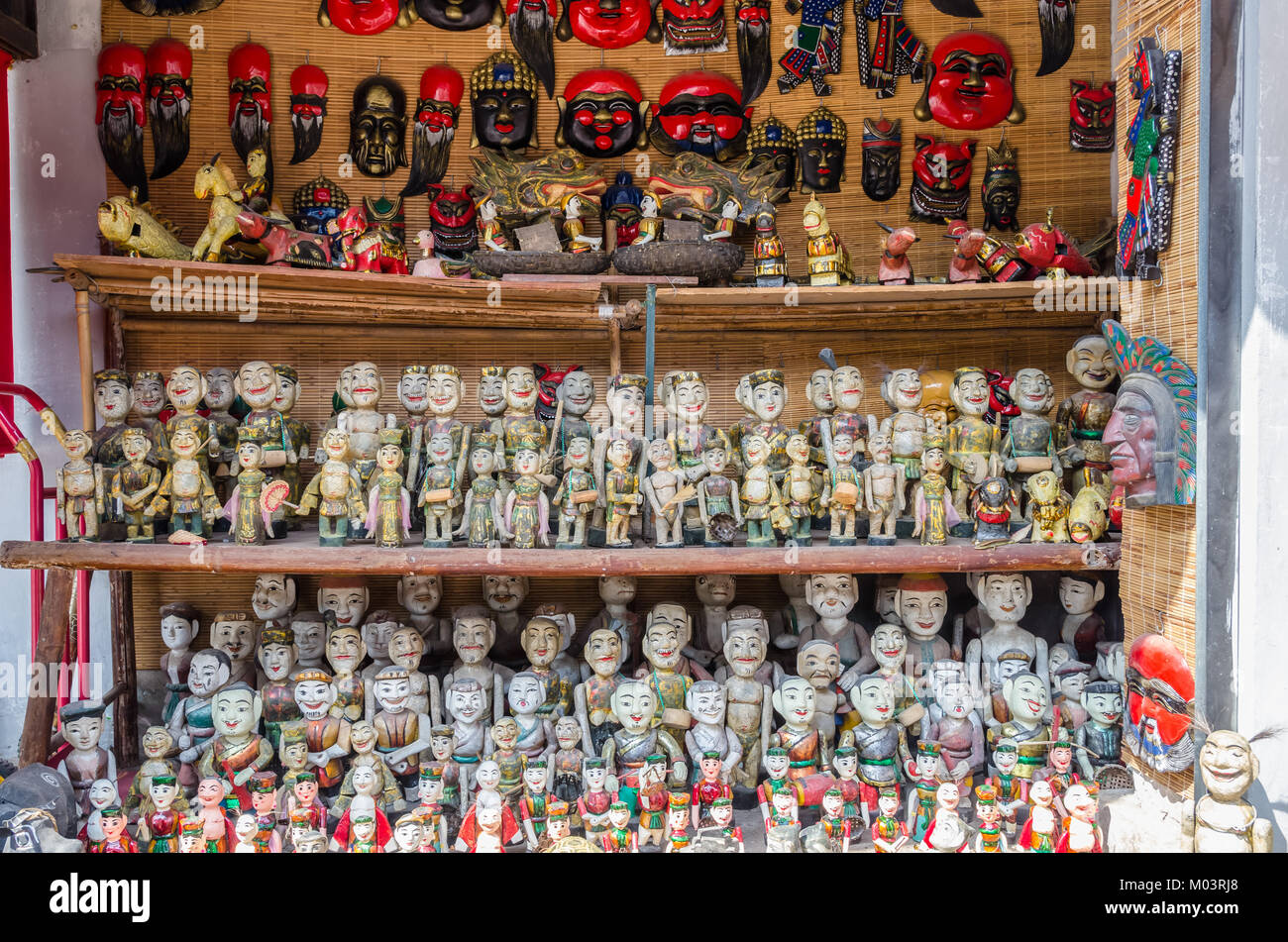 Display variety types of Vietnamese Water Puppets for sale at the Temple of Literature which is located in Hanoi Vietnam. Stock Photo