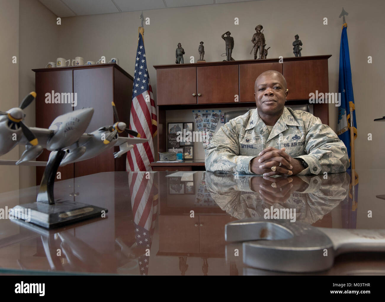 U.S. Air Force Col. Henry Myers, 33rd Maintenance Group commander, sits