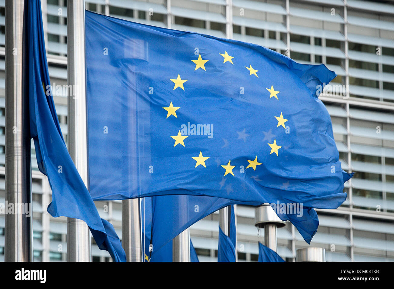 Brussels, Belgium. 18th Jan, 2018. EU Flags wave in front of European Commission headquarters building in Brussels, Belgium on 18.01.2018 by Wiktor Dabkowski | usage worldwide Credit: dpa/Alamy Live News Stock Photo