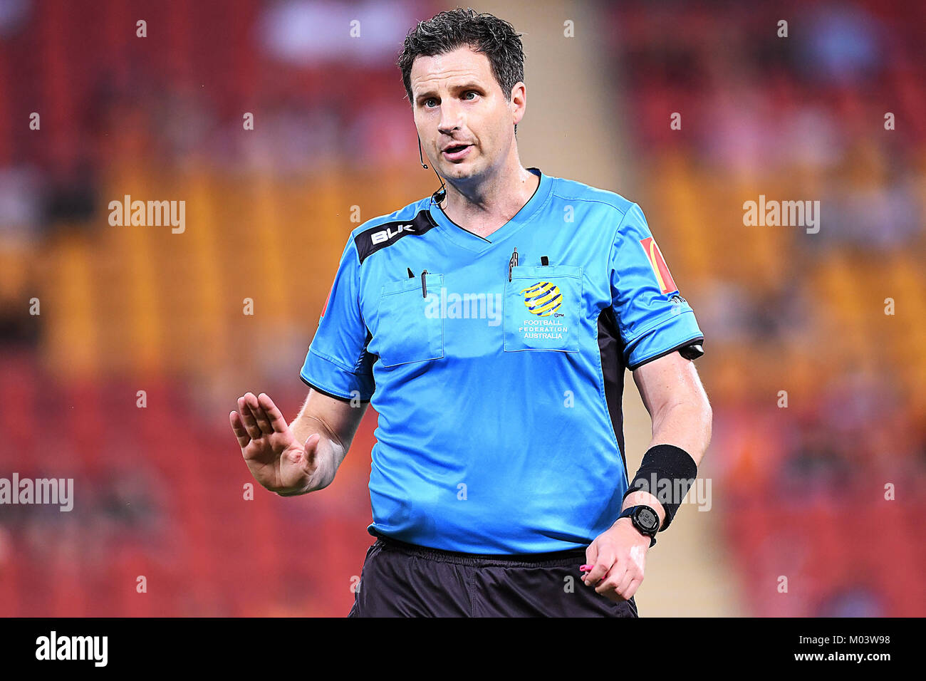 Brisbane, QUEENSLAND, AUSTRALIA. 18th Jan, 2018. Match referee Kris  Griffith-Jones is seen during the round seventeen Hyundai A-League match  between the Brisbane Roar and the Perth Glory at Suncorp Stadium on January