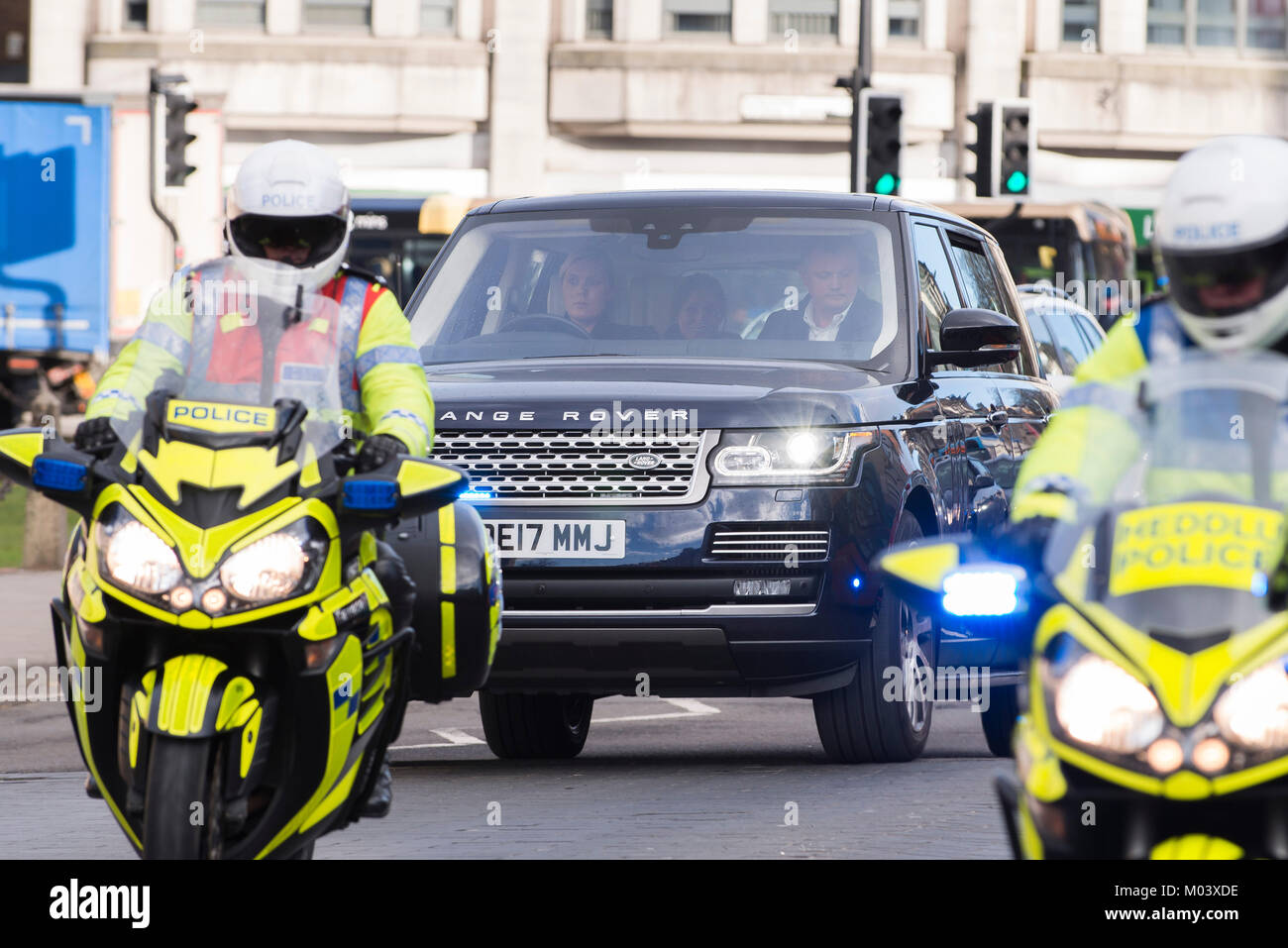 Cardiff Castle, Cardiff, UK. 18th Jan, 2018. Prince Henry of Wales Familiarly known as Prince Harry 33 and his American fiancee Meghan Markle 36 Actress drive into Cardiff castle ahead of their visit. This is their first time visiting Wales as a couple before their wedding in May. Credit: Rhys Skinner/Alamy Live News Stock Photo