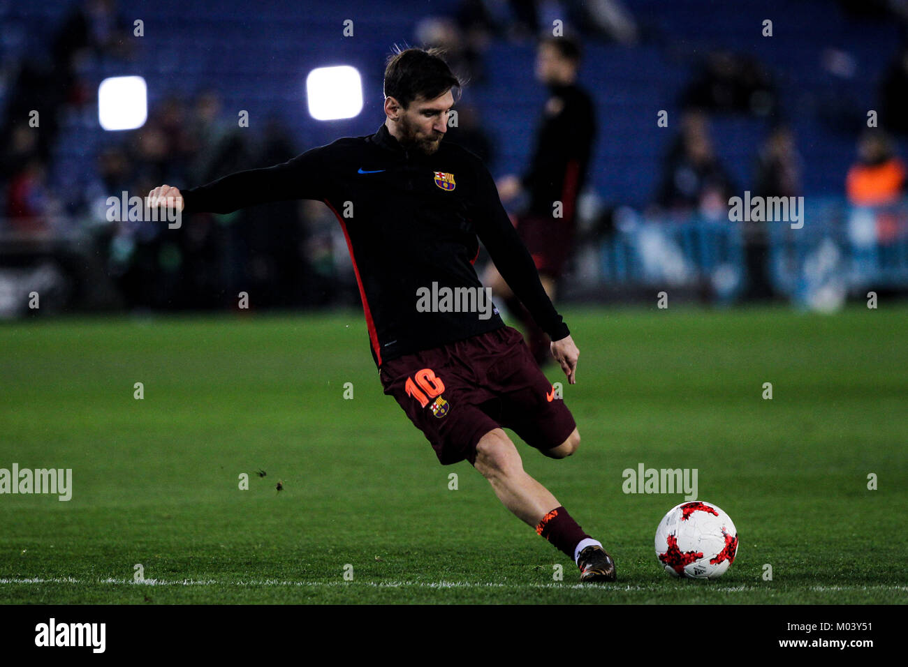 17th January 2018, Cornella-El Prat, Cornella de Llobregat, Barcelona, Spain; Copa del Rey, quarter-final, 1st leg, Espanyol versus Barcelona; Leo Messi kicks the ball during the warming up Stock Photo