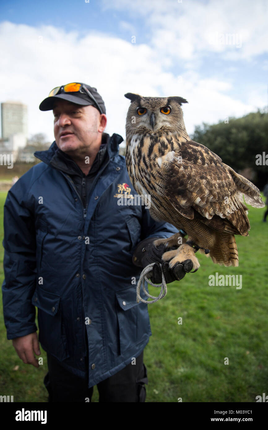 Cardiff, Wales, UK. 18th January 2018. Glen Durham from Falconry services poses with owl Hector whilst the fans wait for Prince Harry and Ms Meghan Markle to arrive at Cardiff Castle ©Sian Reekie Stock Photo