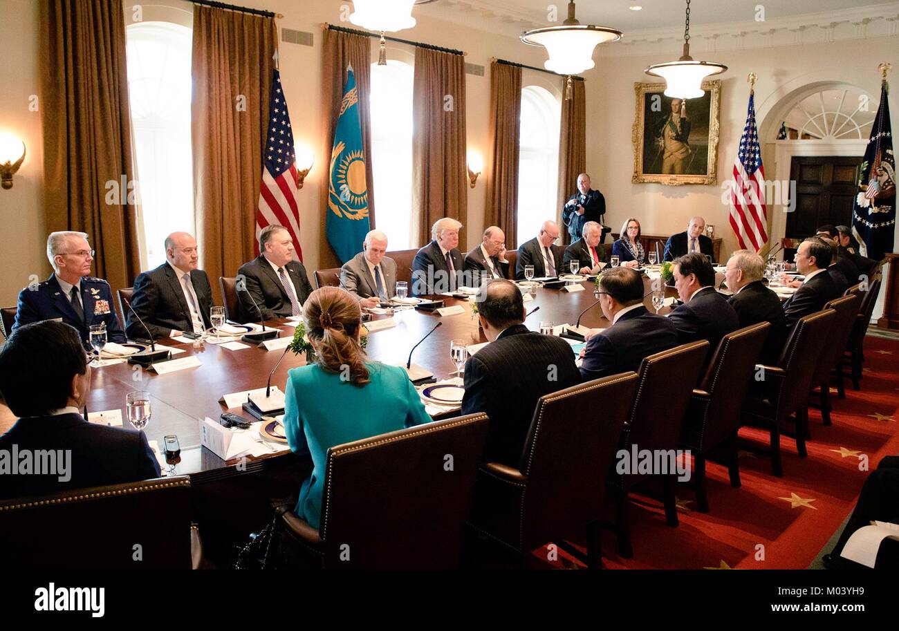 U.S. President Donald Trump, center, holds meeting with Kazakhstan  President Nursultan Nazarbayev in the Cabinet Room of the White House  January 16, 2018 in Washington, DC Stock Photo - Alamy