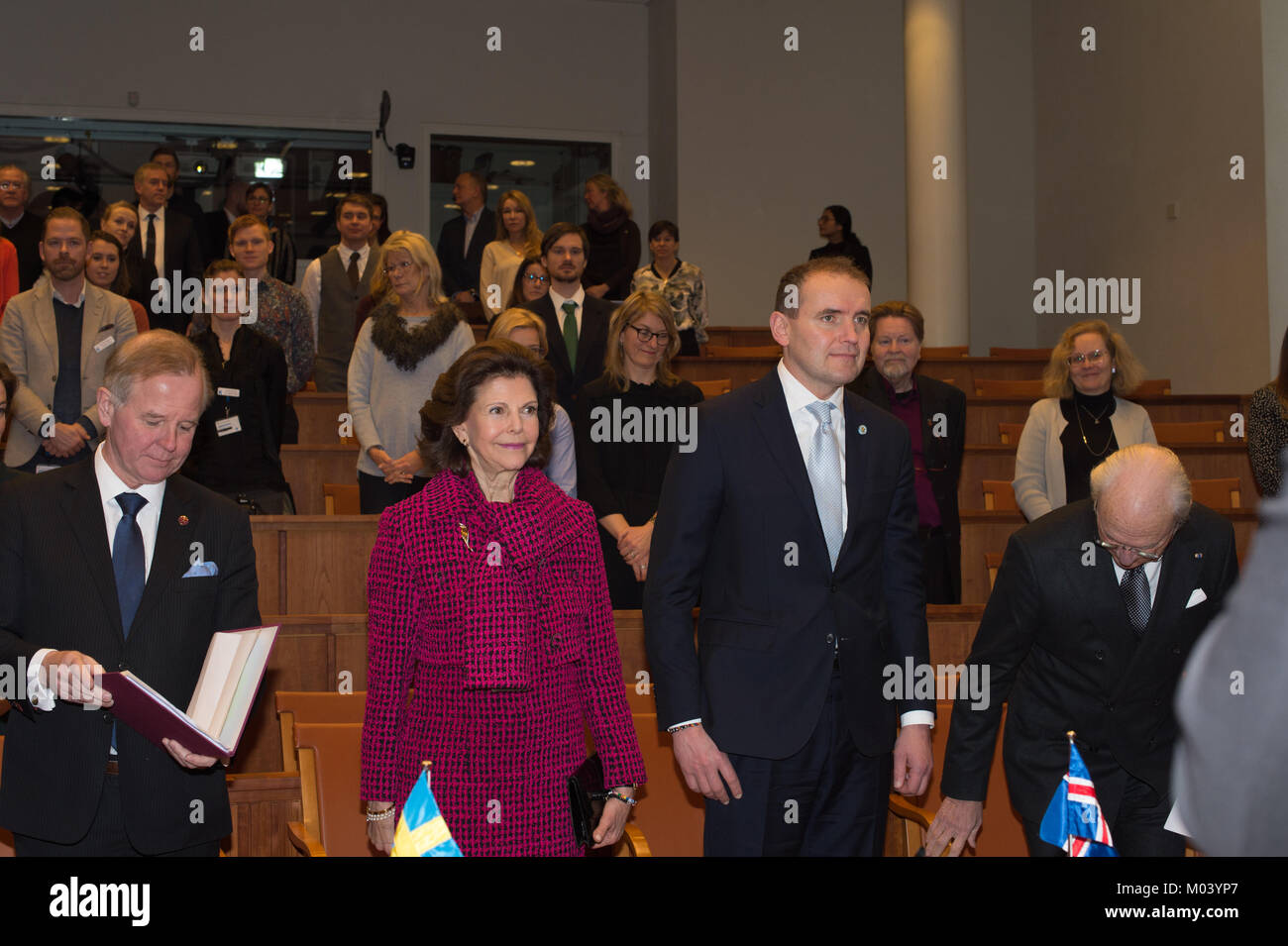 Stockholm, Sweden. 18th Jan, 2018. From 17 to 19 January, Iceland's President Guðni Thorlacius Jóhannesson, visiting Sweden at the invitation of The King. President Jóhannesson visiting Sweden with his wife, Eliza Jean Reid. The royal couple and the presidential couple visiting Karolinska Institutet/Nobel Forum. Credit: Barbro Bergfeldt/Alamy Live News Stock Photo