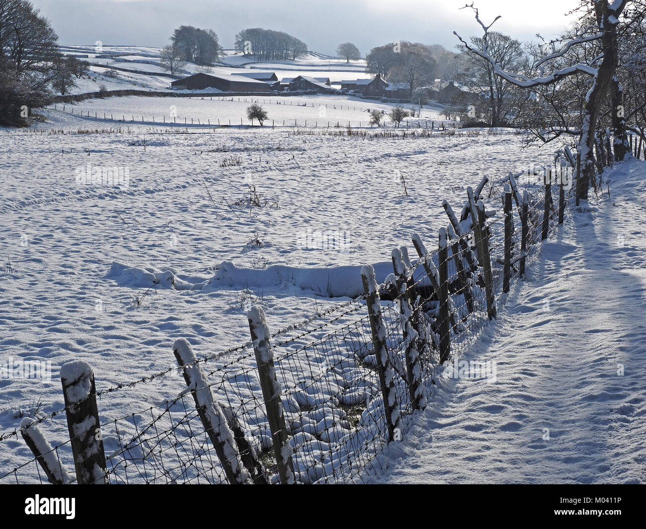 Crosby Ravensworth, Eden Valley, Cumbria, UK. 18th January, 2018. snow covers the fields and fences in the Eden Valley, Cumbria Credit: Steve Holroyd/Alamy Live News Stock Photo