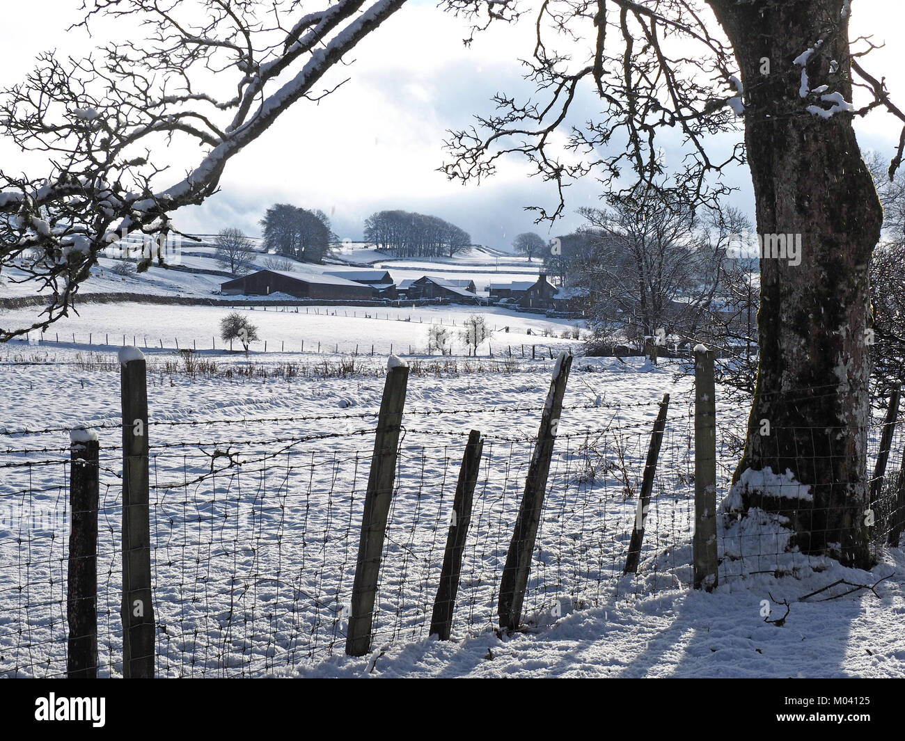 Crosby Ravensworth, Eden Valley, Cumbria, UK. 18th January, 2018. snow covers the fields and fences of farmland in the Eden Valley, Cumbria Credit: Steve Holroyd/Alamy Live News Stock Photo