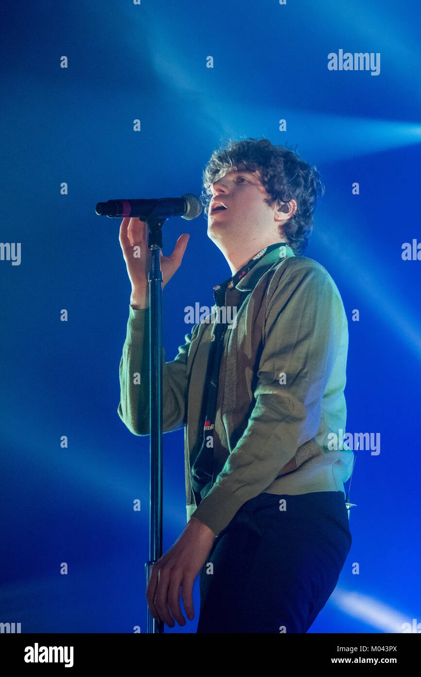 Dublin, Ireland. 18th Jan, 2018. Luke Pritchard, lead singer of the UK rock band The Kooks seen performing on stage during the first of their 3 sold out nights in Dublin's Olympia Theatre. Credit: Ben Ryan/SOPA/ZUMA Wire/Alamy Live News Stock Photo