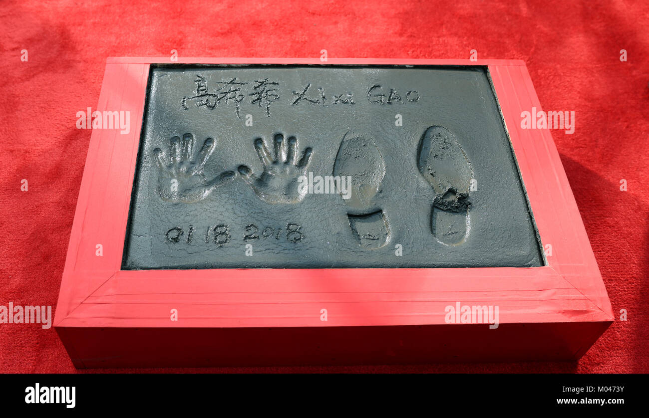 Los Angeles, USA. 18th Jan, 2018. Chinese director Gao Xixi's handprints and footprints are seen in the forecourt of the TCL Chinese Theatre in Los Angeles, the United States, Jan. 18, 2018. Credit: Li Ying/Xinhua/Alamy Live News Stock Photo