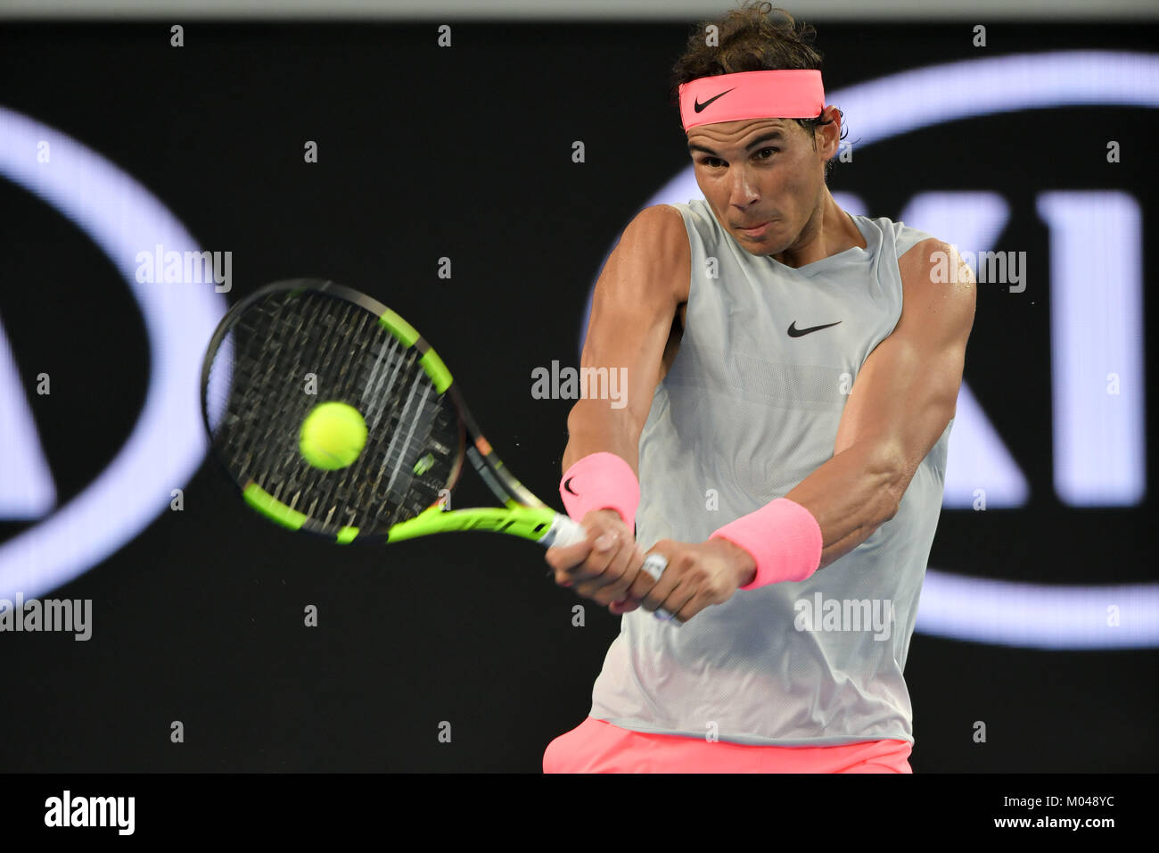Melbourne, Australia. 19th Jan, 2018. 1st seed Rafael Nadal of Spain in action in a 3rd round match against Damir Dzumhur of Bosnia and Herzegovina on day five of the 2018 Australian Open Grand Slam tennis tournament in Melbourne, Australia. Nadal won 61 63 61. Credit: Cal Sport Media/Alamy Live News Stock Photo