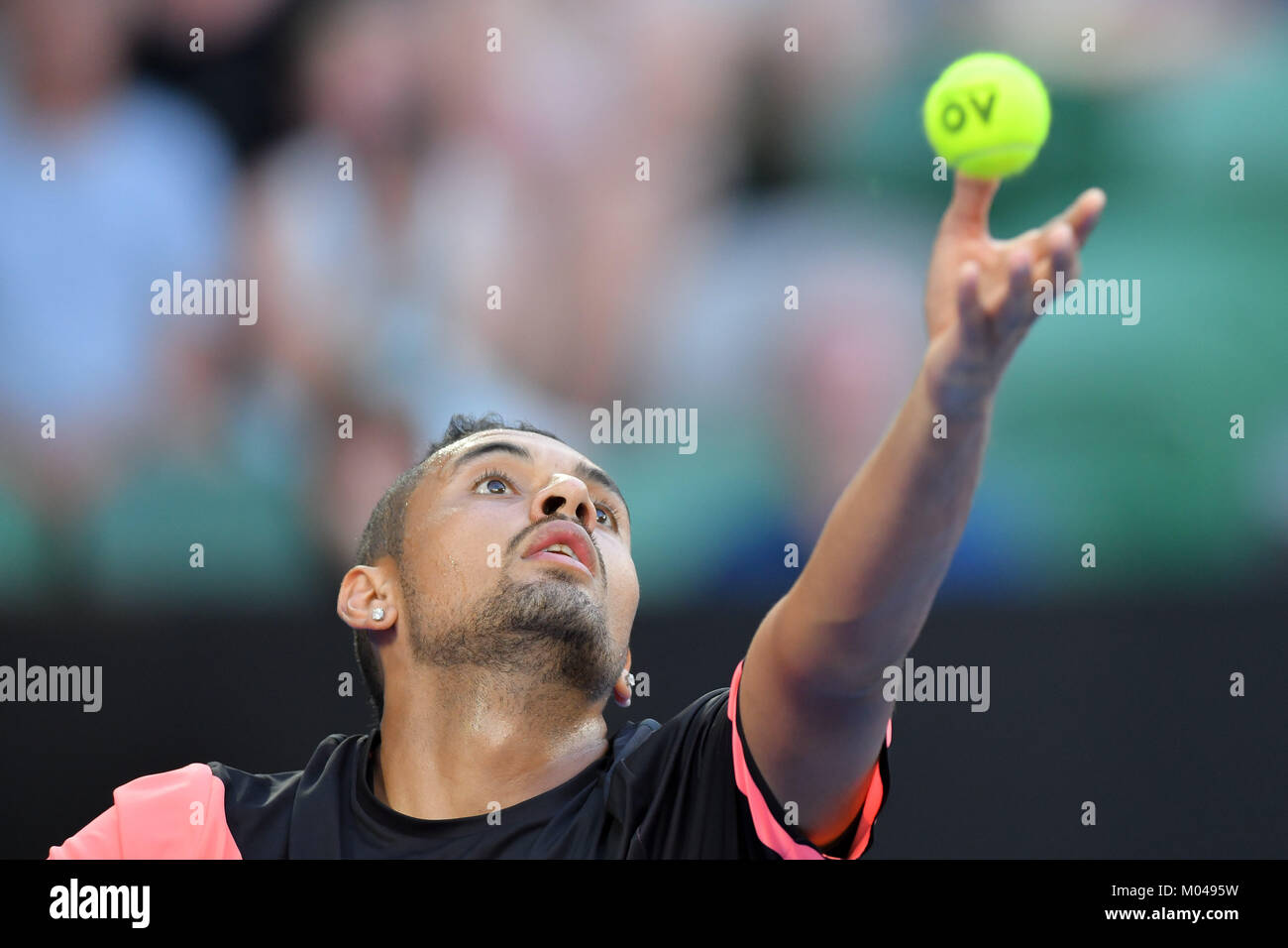 Melbourne, Australia. 19th Jan, 2018. Nick Kyrgios of Australia in action in a 3rd round match against 17th seed 15th seed Jo-Wilfried Tsonga of France on day five of the 2018 Australian Open Grand Slam tennis tournament in Melbourne, Australia. Nadal won 61 63 61. Credit: Cal Sport Media/Alamy Live News Stock Photo