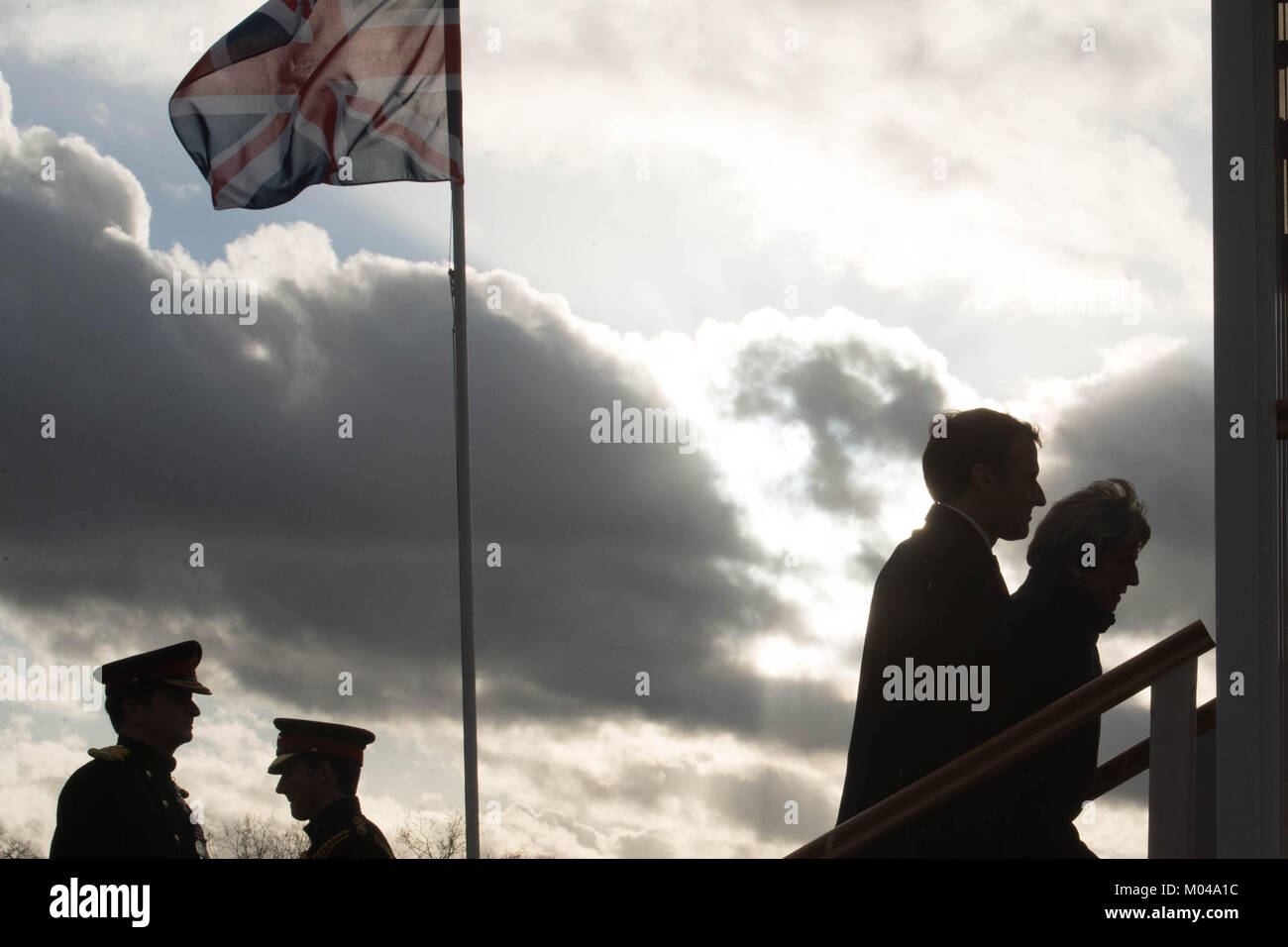 Prime Minister Theresa May and French President Emmanuel Macron at the Royal Military Academy Sandhurst, ahead of UK-France summit talks. Stock Photo