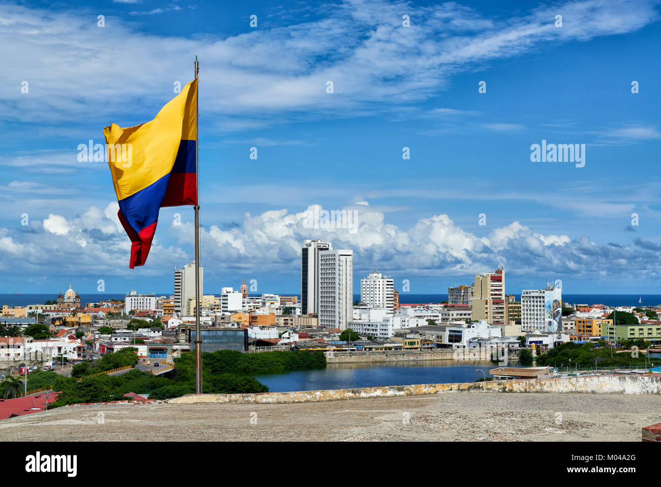 colombian flag on Castillo de San Felipe de Barajas, Cartagena de Indias, Colombia, South America Stock Photo